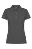 A dark grey women's polo shirt featuring a collared neck and button placket, with a logo on the inside.