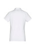 A white women's short sleeve polo shirt with a plain back and a logo on the neckline.