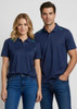 A navy blue short sleeve polo shirt featuring a logo, displayed on both a male and female model.