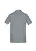 A grey short sleeve polo shirt with a collar, featuring a logo on the back.