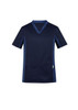 A navy blue men's scrub top with short sleeves and a v-neck design, featuring a pocket and detailing.