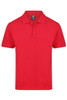 A red polo shirt with a collar and three buttons, featuring a small logo on the label.