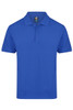 A blue polo shirt featuring a collar, short sleeves, and a three-button placket, with a logo on the label.