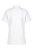 A white women's polo shirt featuring a classic design and short sleeves. It includes a logo on the fabric.