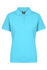A turquoise polo shirt with a collar and three-button placket, featuring a logo on the upper left side.