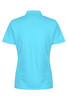 A turquoise women's polo shirt with a collared neckline and short sleeves, featuring a logo on the back.