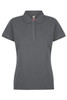 A grey polo shirt featuring a collar, three buttons, and short sleeves. The shirt has a logo on the label.