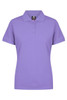 A purple polo shirt with a collar and short sleeves, featuring a branded tag.