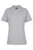 A grey polo shirt with a collar and three-button placket, featuring a logo on the label.