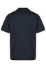 A dark navy polo shirt featuring a collar and short sleeves, with a branding logo.