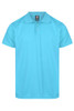 A turquoise polo shirt with a collar, short sleeves, and a logo on the label.