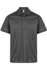 A grey polo shirt with a classic collar and three buttons, featuring a logo on the inside collar.