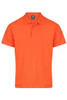 An orange polo shirt with a collar and three buttons, featuring a logo on the label.