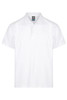 A white polo shirt with a collar and three-button placket, featuring an embroidered logo.