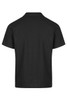 A black polo shirt with a classic collar and short sleeves, featuring branding on the back.