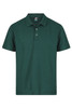 A dark green polo shirt featuring a collar, short sleeves, and a three-button placket. It has a logo.