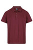 A maroon polo shirt with a collared neckline and three buttons. It features a logo on the label.