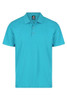 A turquoise polo shirt featuring a collar and three buttons, with a logo on the label.