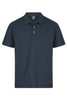 A navy polo shirt with a collar and three buttons, featuring a logo on the tag.