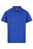 A blue polo shirt featuring a collar and three buttons, with a small logo on the chest.