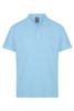 A light blue polo shirt with a collar and three buttons, featuring a logo on the label.