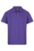 A purple polo shirt with a classic collar and three buttons, featuring a logo on the label.