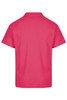 A pink polo shirt with a collar and a back view, featuring a logo.