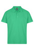 A green polo shirt with a collar and three buttons, featuring a logo in the neck area.