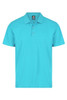 A turquoise polo shirt with a classic collar and three buttons, featuring a logo on the label.