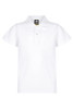 A white polo shirt for kids featuring a three-button placket and a collar. Includes a logo on the label.
