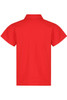 A red polo shirt with short sleeves and a collar, featuring a logo on the back.