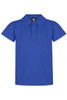 A blue polo shirt with a collar and button placket, featuring a logo on the label.