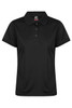 A black polo shirt with a classic collar and button placket, featuring a logo on the label.