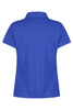 A blue polo shirt with a standard collar and short sleeves, featuring a logo on the back.