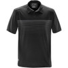 A black men's polo shirt with a striped design across the chest and a logo on the hem.