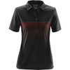 A black women's polo shirt featuring a horizontal stripe pattern in red tones and a logo on the side.