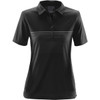 A black women's polo shirt featuring a striped pattern on the front and a logo on the side.