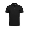 A black men's premium cotton polo shirt with a collar and short sleeves, featuring a logo on the chest.