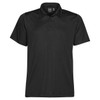 A black men's polo shirt with a classic collar and three buttons, featuring a logo on the label.