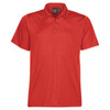 A red men's polo shirt with a collar, featuring a branding logo. Suitable for casual or smart-casual wear.