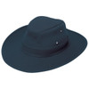 A dark blue slouch hat featuring a wide brim and eyelet details, designed for headwear use.