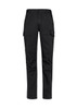 A pair of black work pants featuring cargo pockets and a branded logo.
