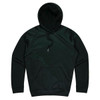 A dark green hoodie with a front pocket and adjustable drawstring hood. Features a logo on the chest.