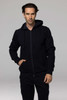 A men's zip hoodie in navy blue, featuring a hood and front pockets, with a logo on the chest.
