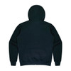 A dark green hoodie featuring a hood and long sleeves, with a plain back design. It has a logo.