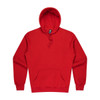 A red hoodie with a front pocket and a snug hood, featuring a logo.