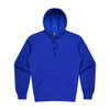 A vibrant blue men's hoodie featuring a front pocket and a drawstring hood. It has a branding label.