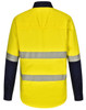 A long-sleeve safety shirt in bright yellow with navy blue sleeves, featuring segmented reflective tape.