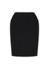 A black pencil skirt with a bandless design and two pockets at the front. It features a fitted silhouette.