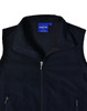 A black, softshell vest featuring a zippered front and a collar. It has a branding label inside.